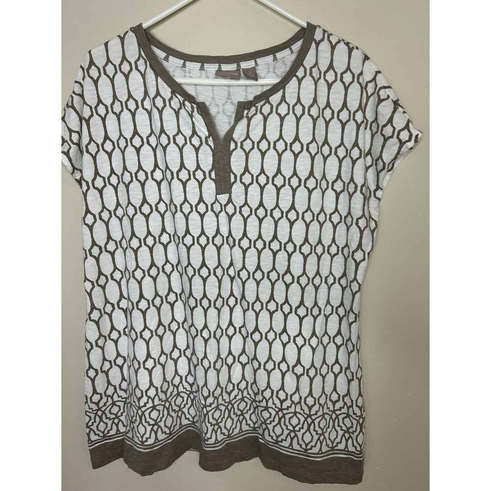 Chicos Tan And White Geometric Split The Neck Short Sleeve Shirt Size 3